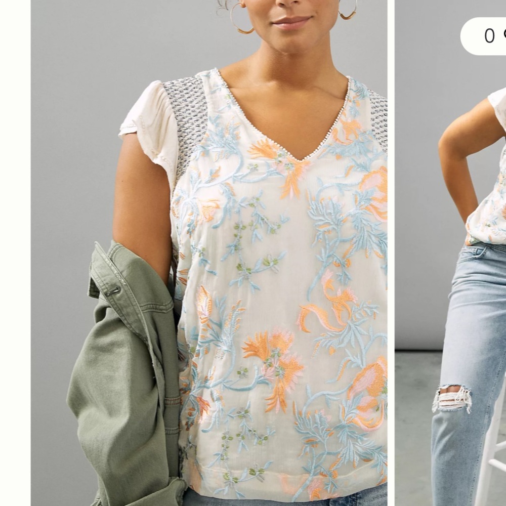 Anthropologie White Floral V-Neck Sleeveless Top
